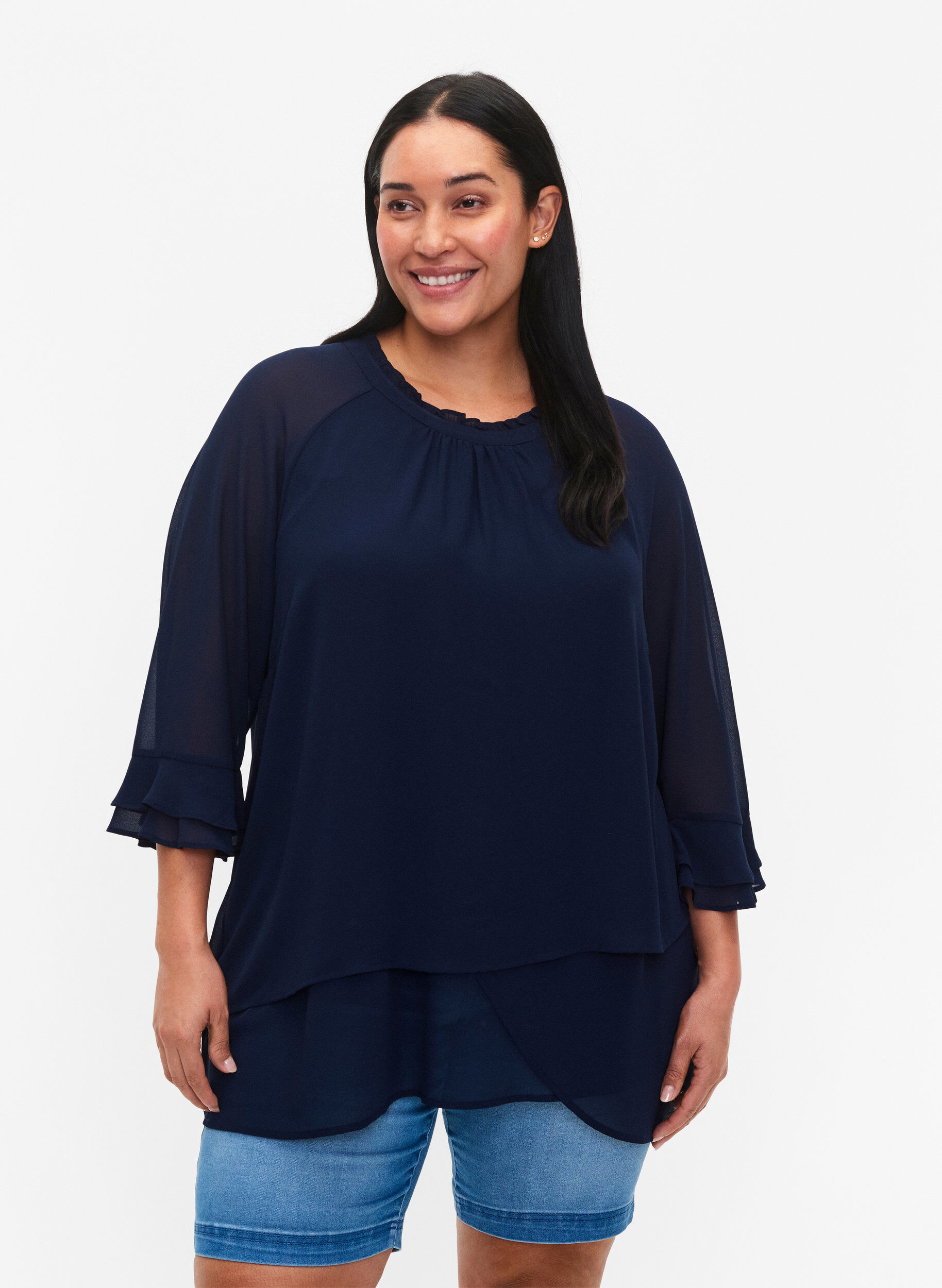 Zizzi Bluse mit asymmetrischem Saum und 3/4 &Auml;rmeln, Navy Blazer, Model image number 0