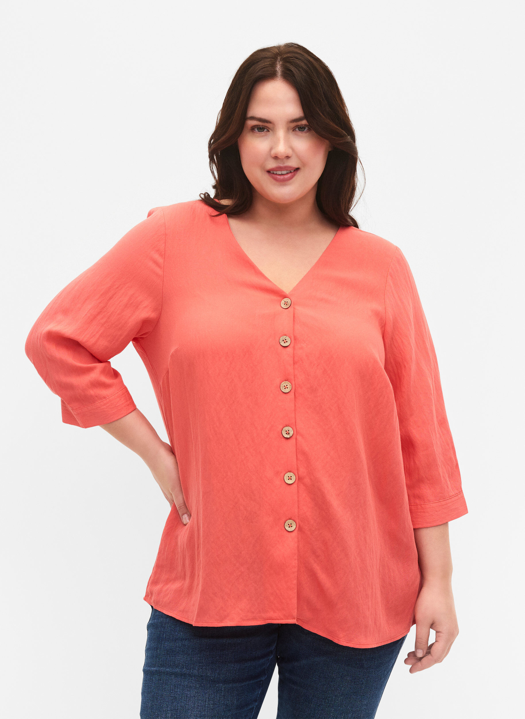 Zizzi Bluse aus Viskose mit Kn&ouml;pfen und V-Ausschnitt, Deep Sea Coral, Model image number 0