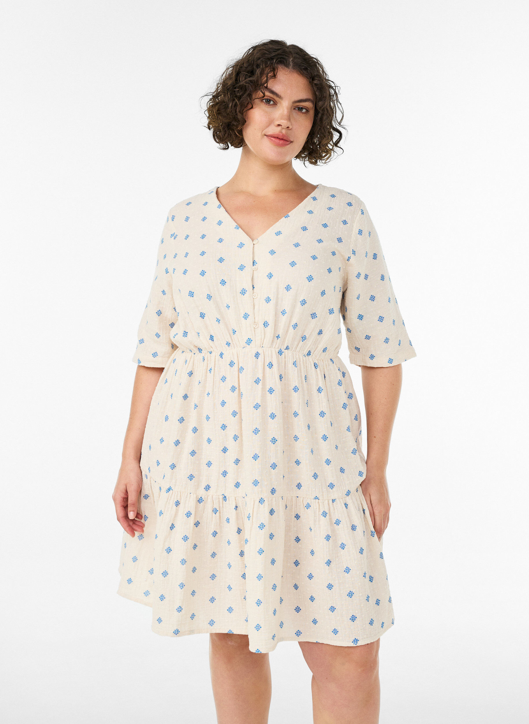 Robe imprim&eacute;e en coton avec une taille &eacute;lastique, Beige, Model