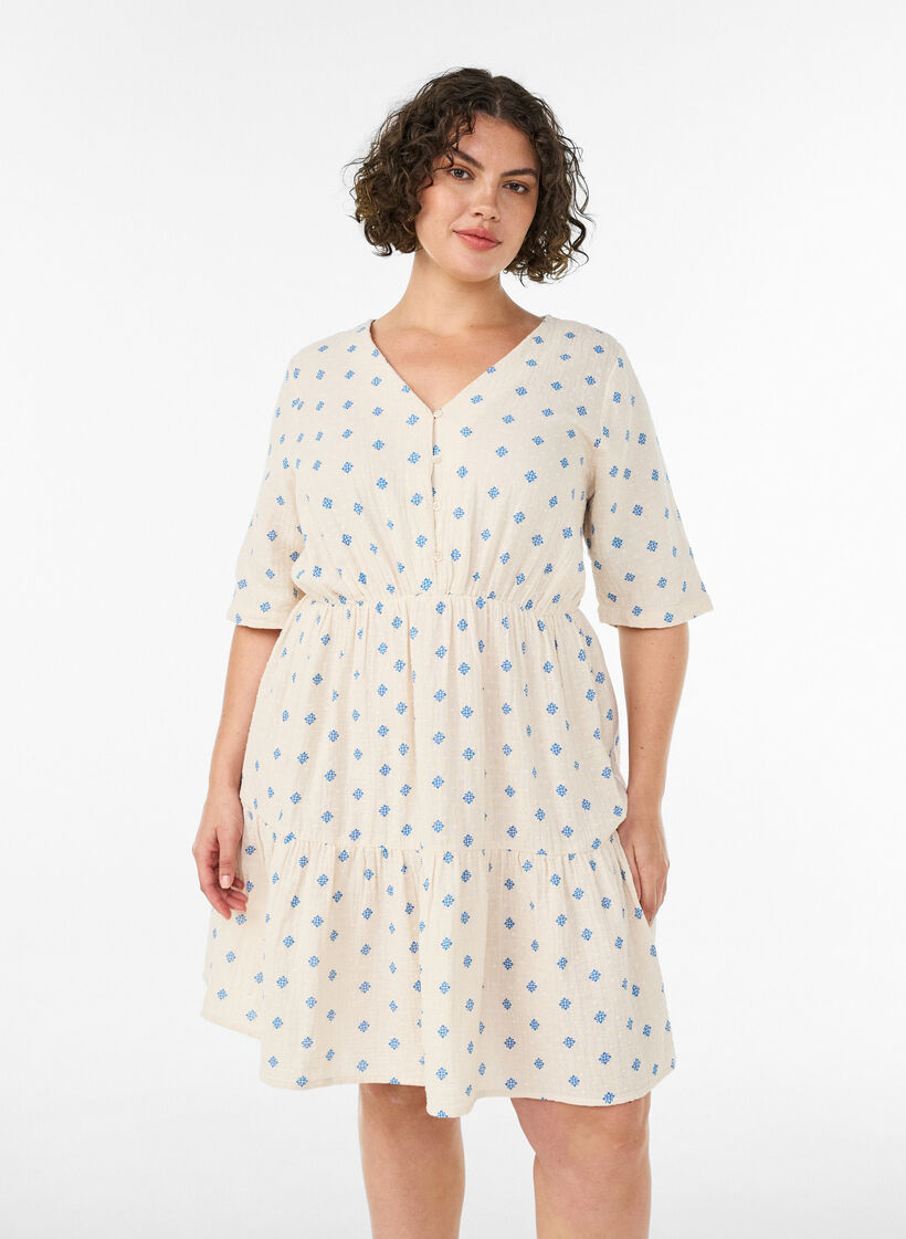 Robe imprim&eacute;e en coton avec une taille &eacute;lastique, Beige, Model image number 0