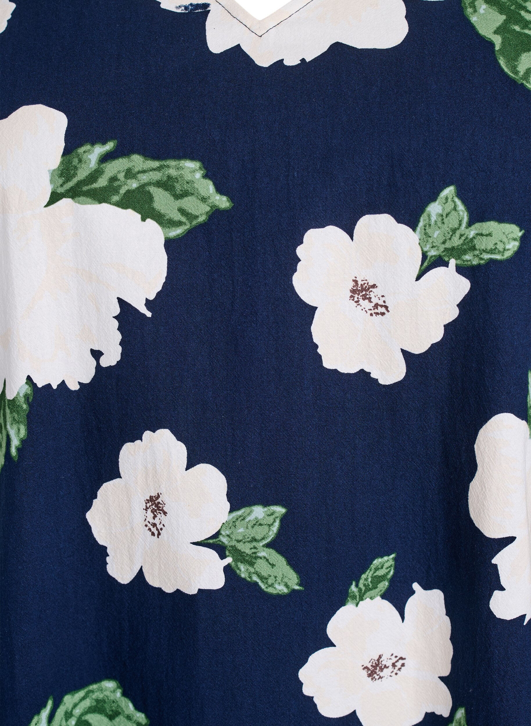 Zizzi Robe courte en coton avec col V et manches longues, Bleu, Packshot image number 2