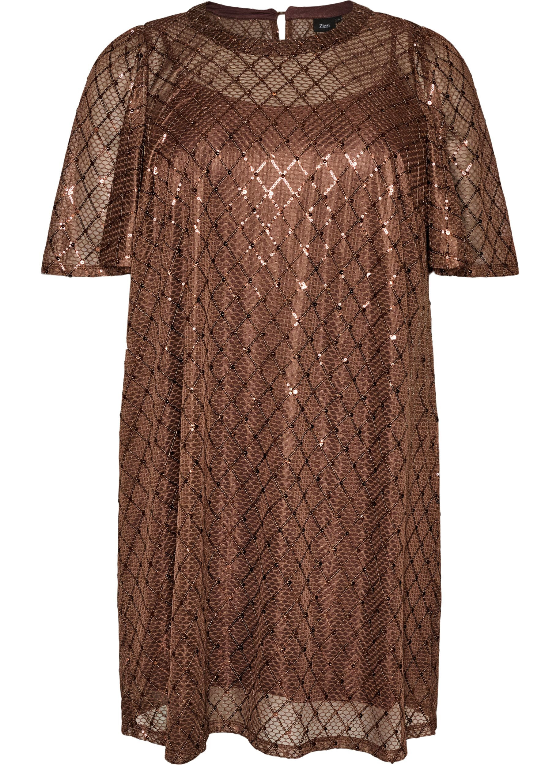 ZizziKurzes Kleid mit Pailletten und Rautenmuster, Braun, Packshot image number 0