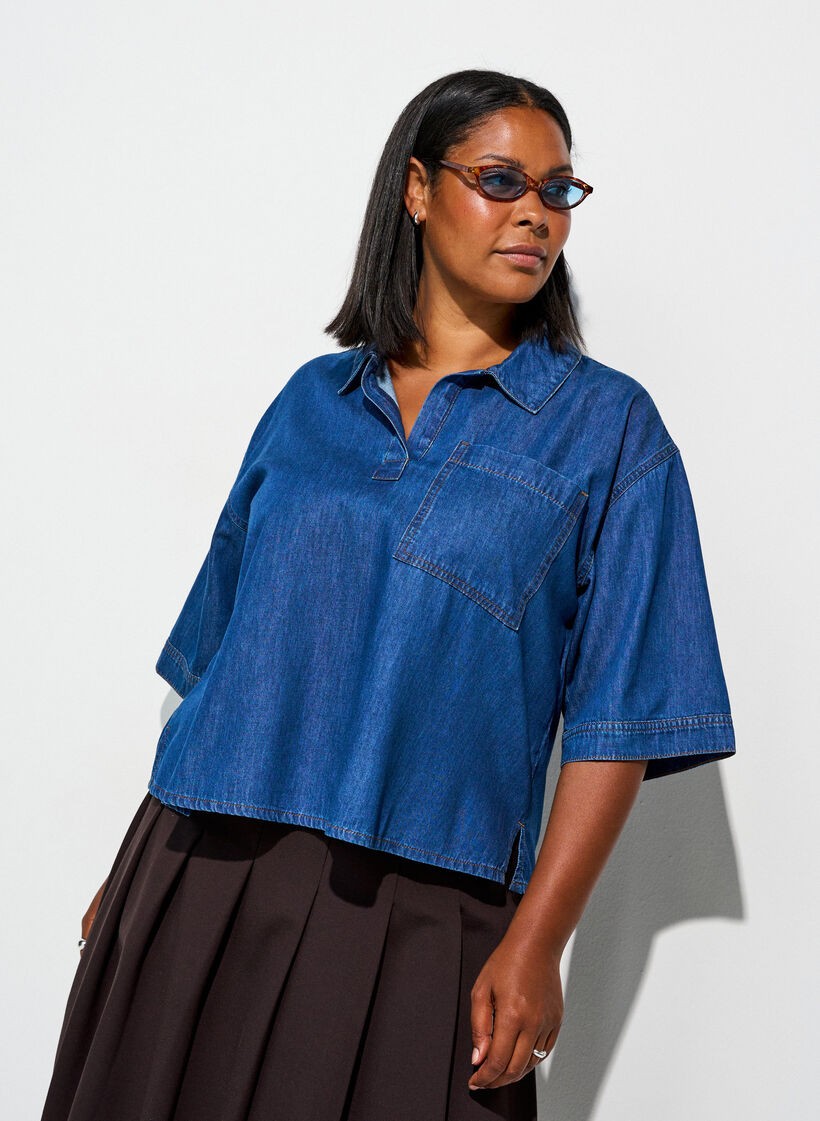 Jeansbluse mit Brusttasche und ellenbogenlangen &Auml;rmeln, Blau, Model image number 0
