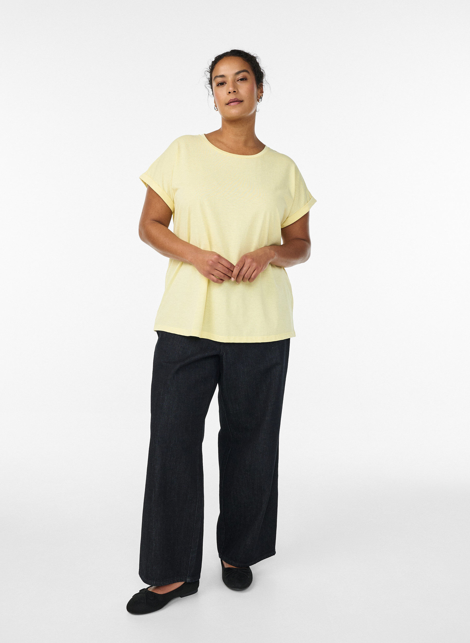 Zizzi T-shirt &agrave; manches courtes en coton m&eacute;lang&eacute;, Jaune clair, Model image number 1