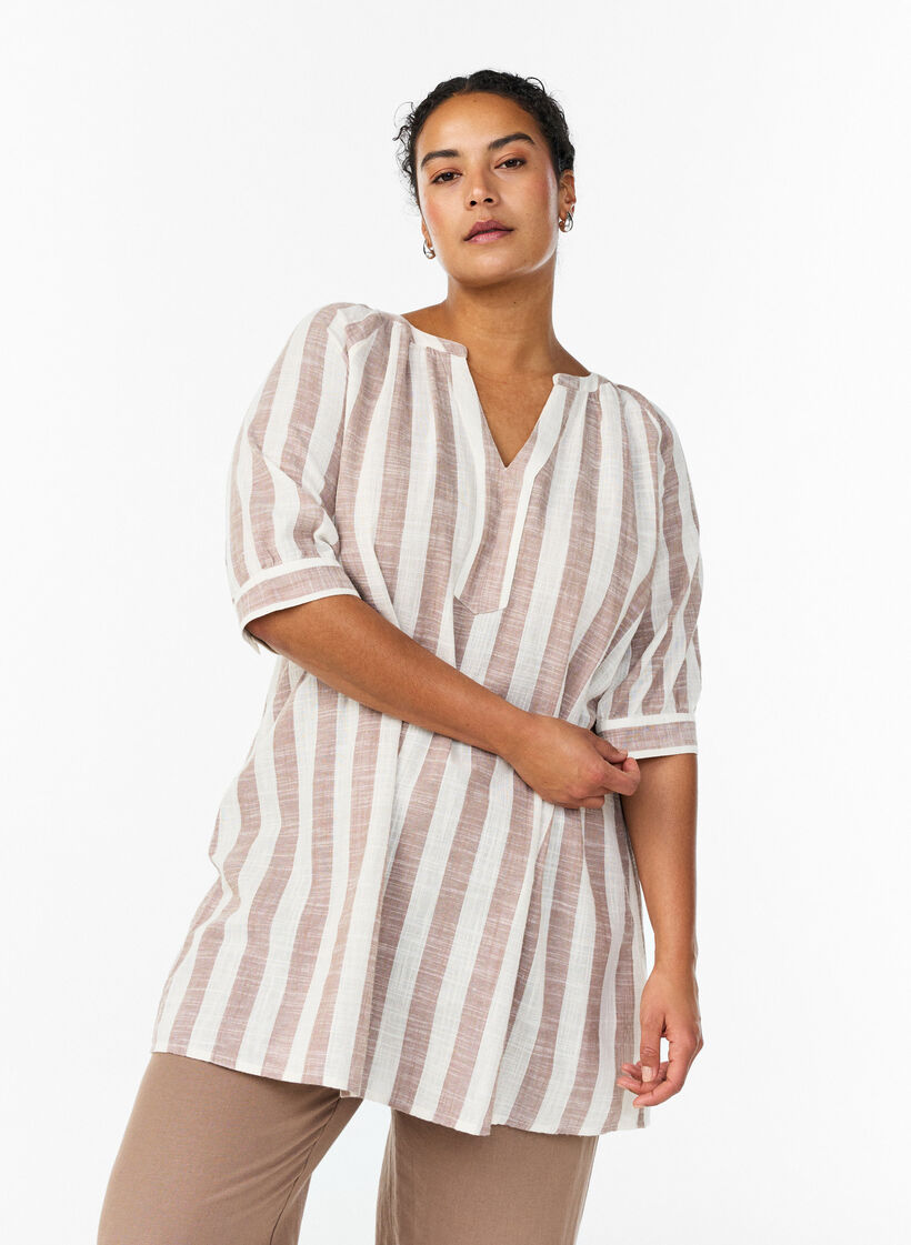 Tunique en coton avec un col en V, Beige, Model image number 0