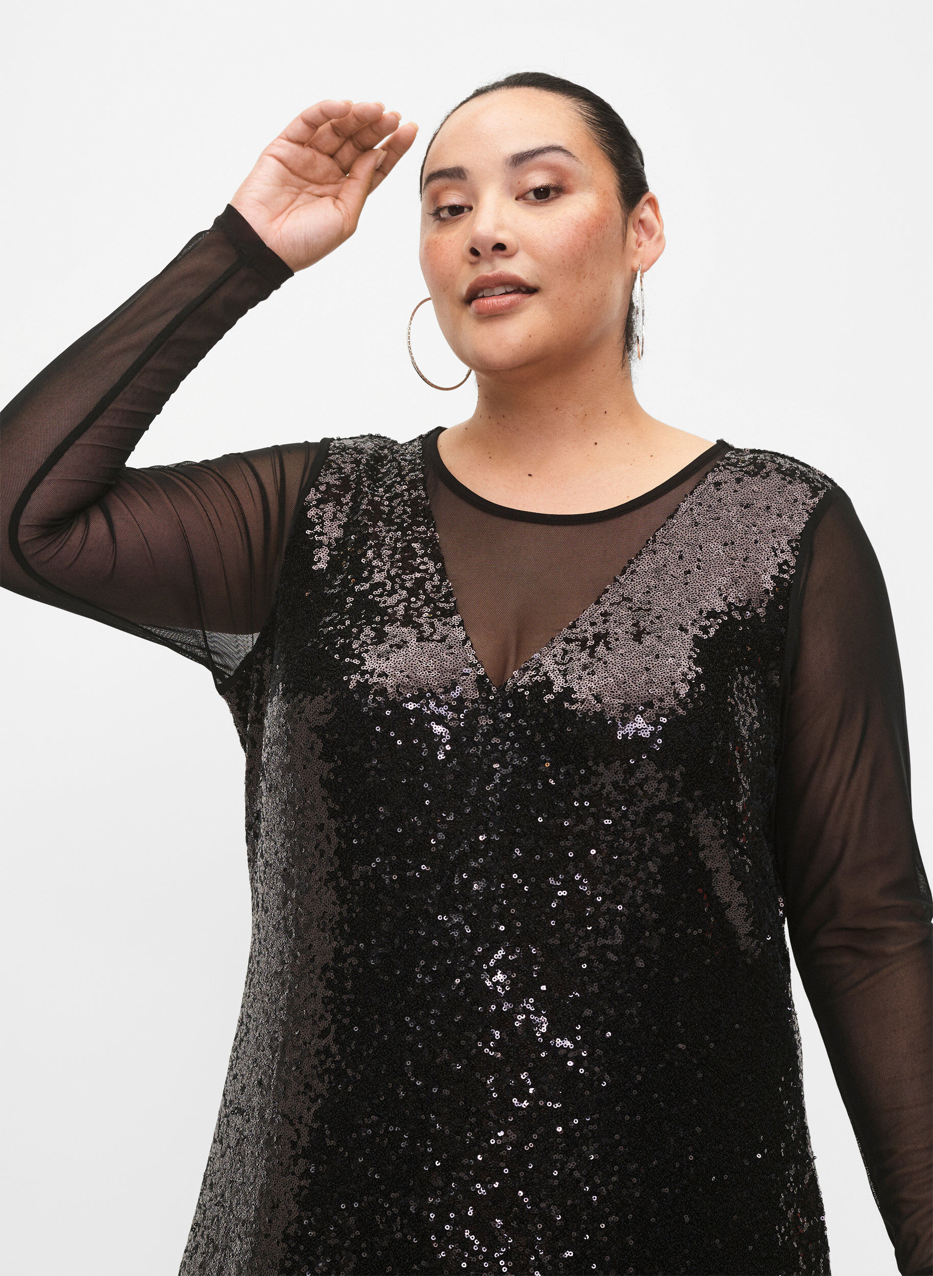 Zizzi A-Linie-Paillettenkleid mit langen &Auml;rmeln, Black, Model image number 2