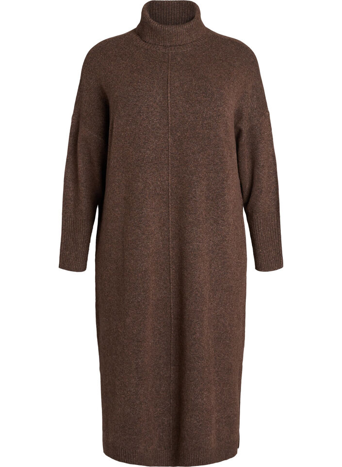 Strickkleid mit Rollkragen und Schlitzen, Braun, Packshot image number 0