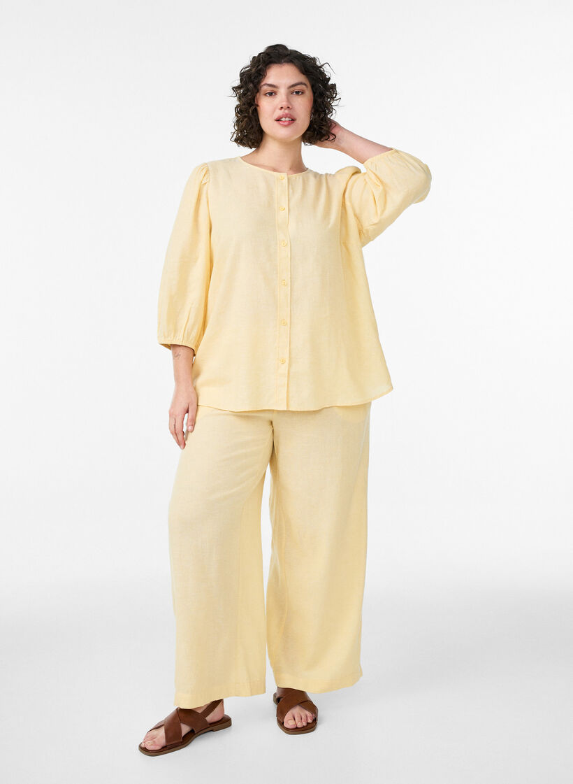 Pantalon large en lin et viscose, Jaune clair, Model image number 0