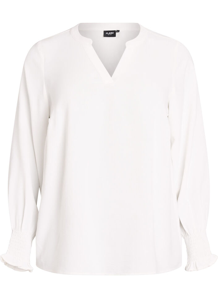 Blouse avec poignets smock&eacute;s et col en V, Vanille, Packshot image number 0