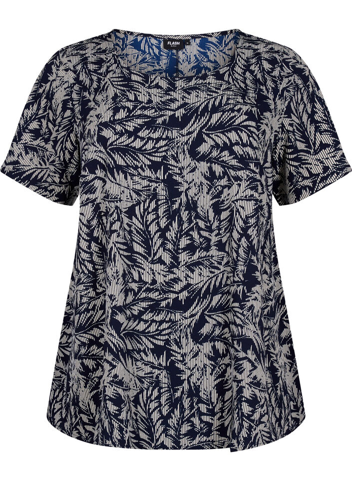 FLASH – Kurzärmelige Bluse mit Print, Off White Blue Leaf, Packshot image number 0
