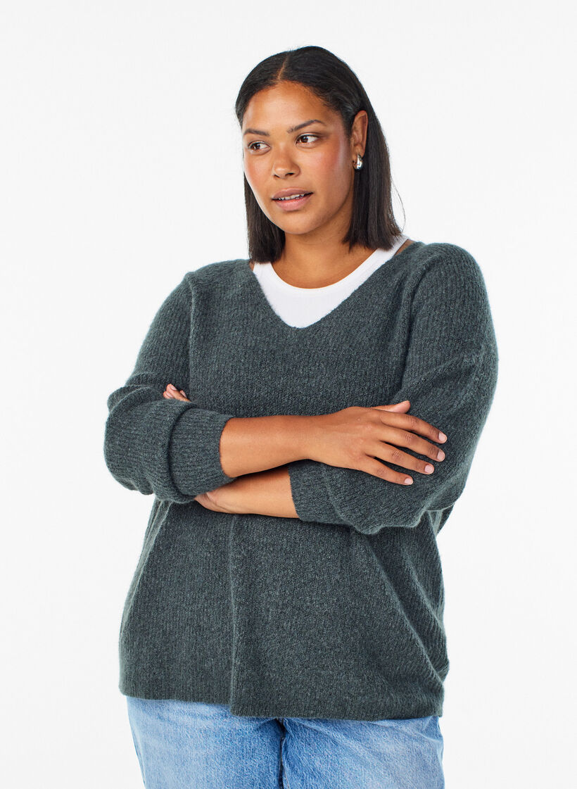 Strickbluse mit V-Ausschnitt und Raglan&auml;rmeln, Gr&uuml;n, Model image number 0