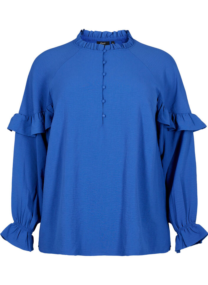 Blouse avec volants et boutons, Deep Ultramarine, Packshot image number 0