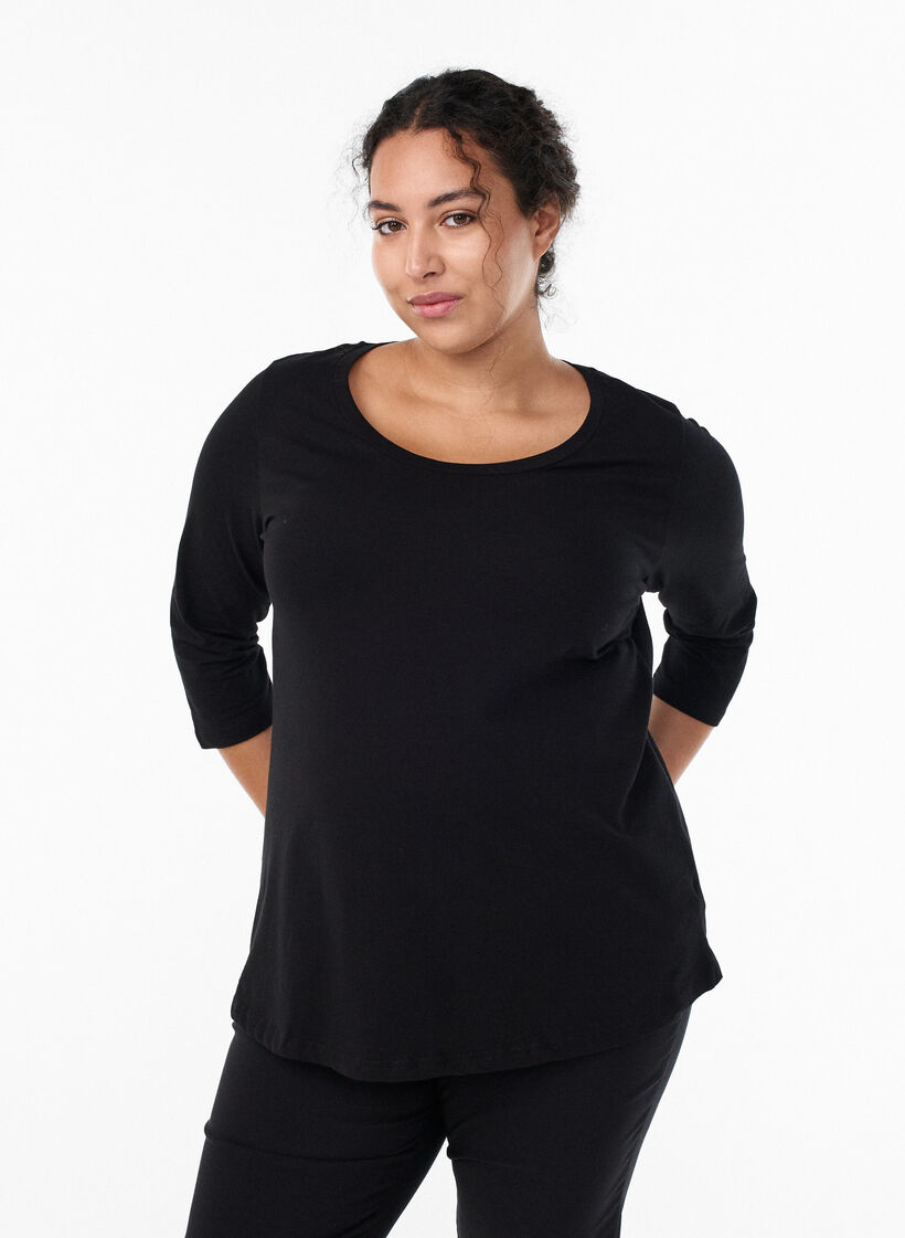 Basic T-Shirt aus Baumwolle mit 3/4-&Auml;rmeln, Schwarz, Model image number 0