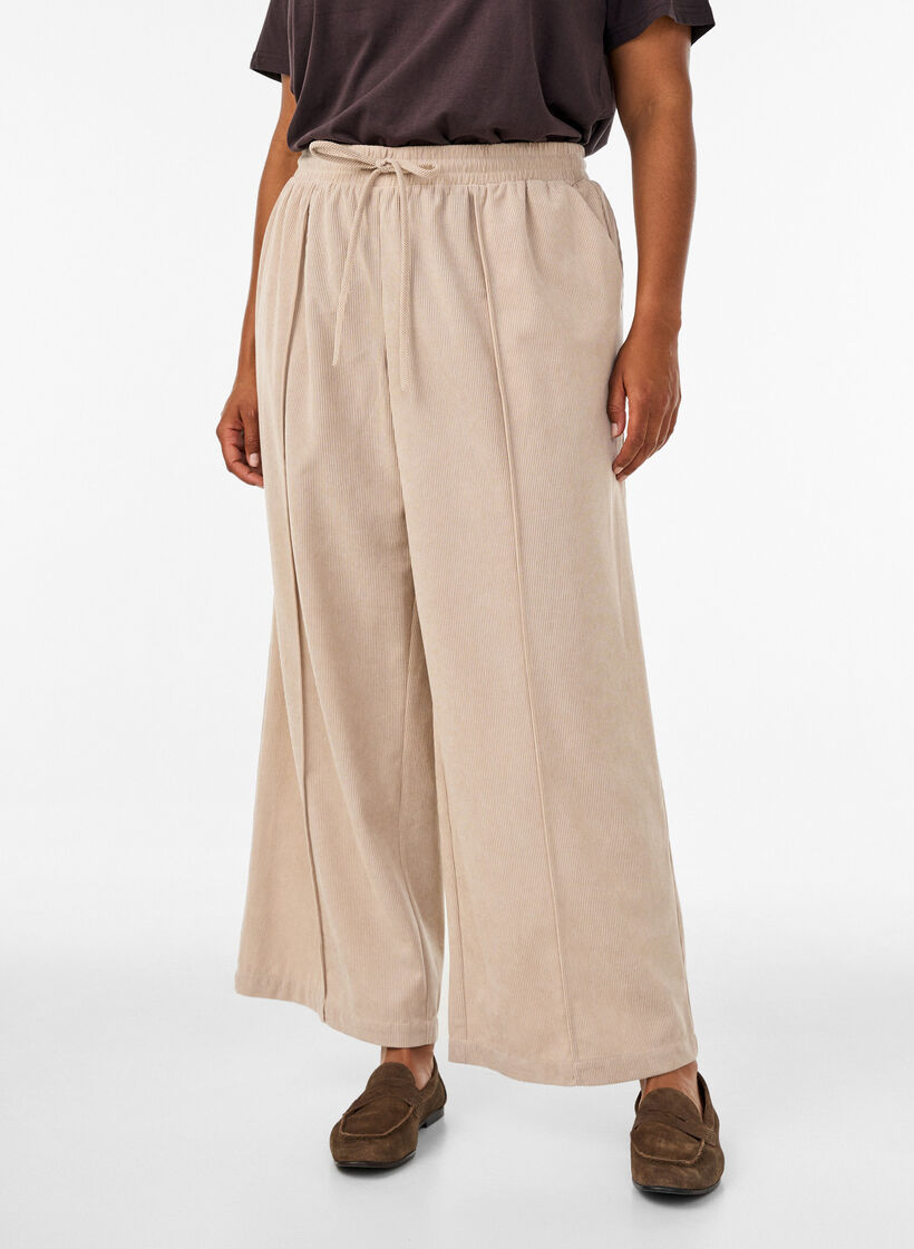 Cordhose mit weitem Bein und hoher Taille, Beige, Model image number 2