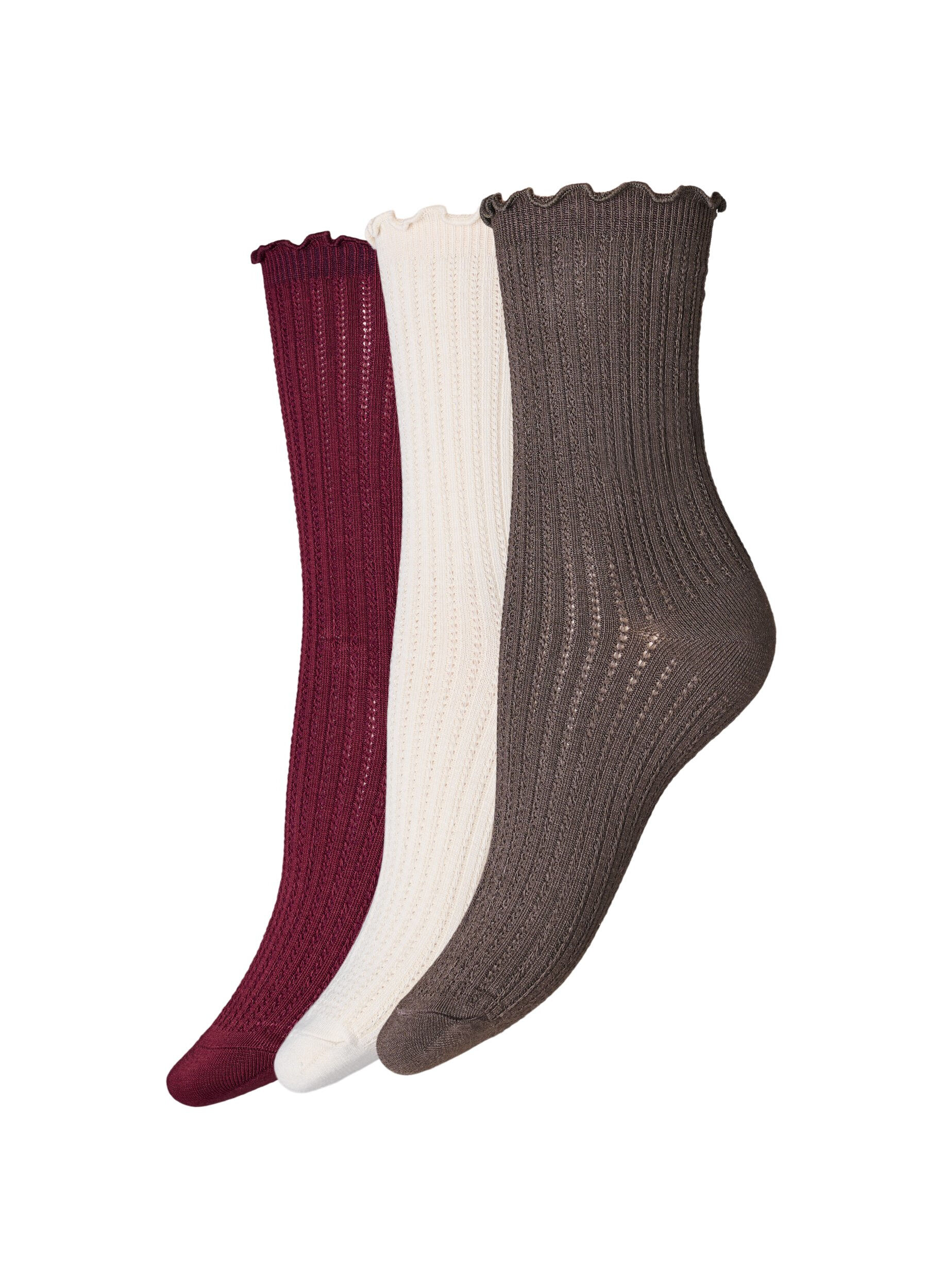Zizzi Lot de 3 chaussettes c&ocirc;tel&eacute;es avec un bord ondul&eacute;, Marron, Packshot image number 0