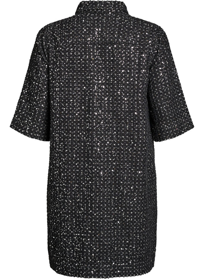 Robe en denim avec sequins et manches 3/4, Noir, Packshot image number 1