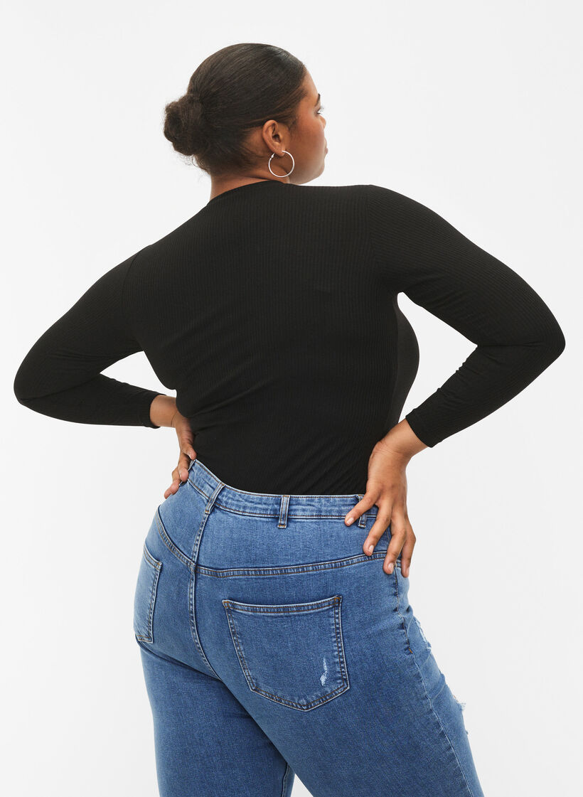 Langärmelige gerippte Bluse mit Lochdetails, Black, Model image number 1