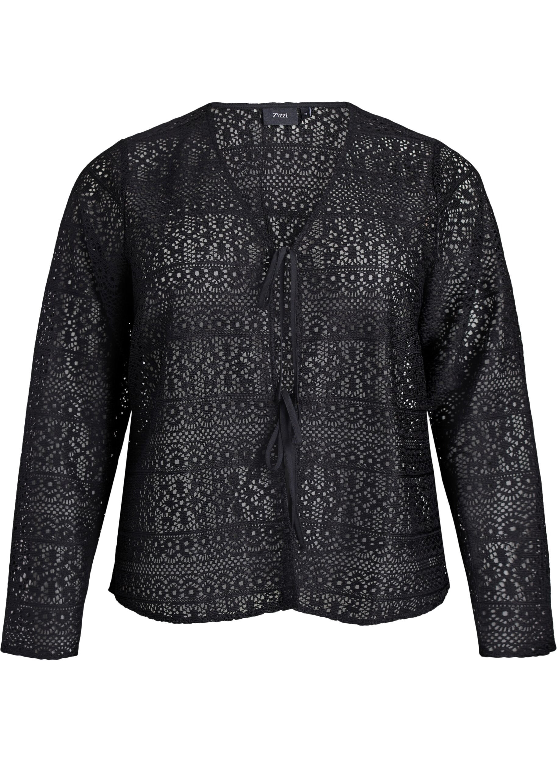 Zizzi Cardigan avec motif ajour&eacute; et cordons de serrage, Noir, Packshot image number 0